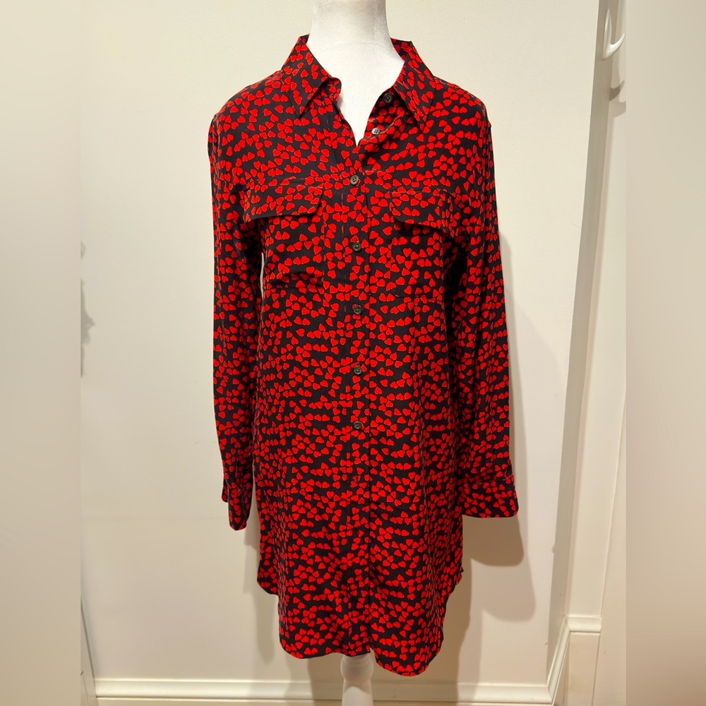 Equipment Essential Long Sleeve Shirt Dress size Small with hearts (100%silk)